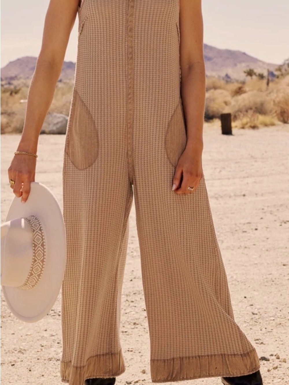 eesome Waffle-Knit Wide Leg Jumpsuit in Camel